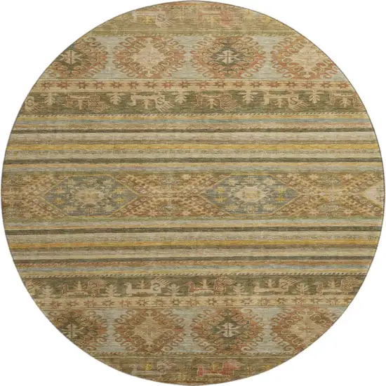 8' Beige Gold And Gray Medallion Washable Round Rug With UV Protection Photo 1