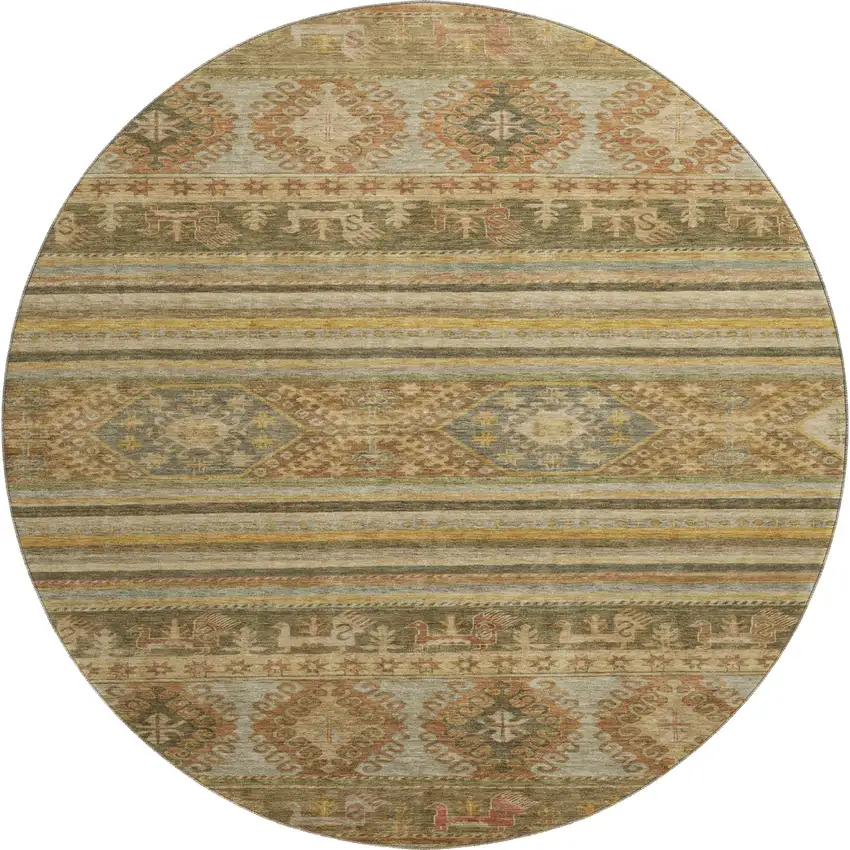 8' Beige Gold And Gray Medallion Washable Round Rug With UV Protection Photo 1
