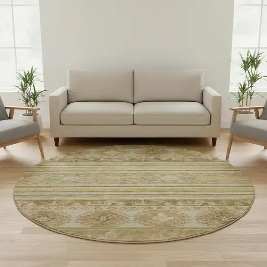 8' Beige Gold And Gray Medallion Washable Round Rug With UV Protection Photo 2
