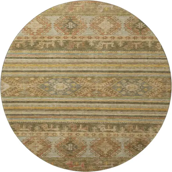 8' Beige Gold And Gray Medallion Washable Round Rug With UV Protection Photo 3