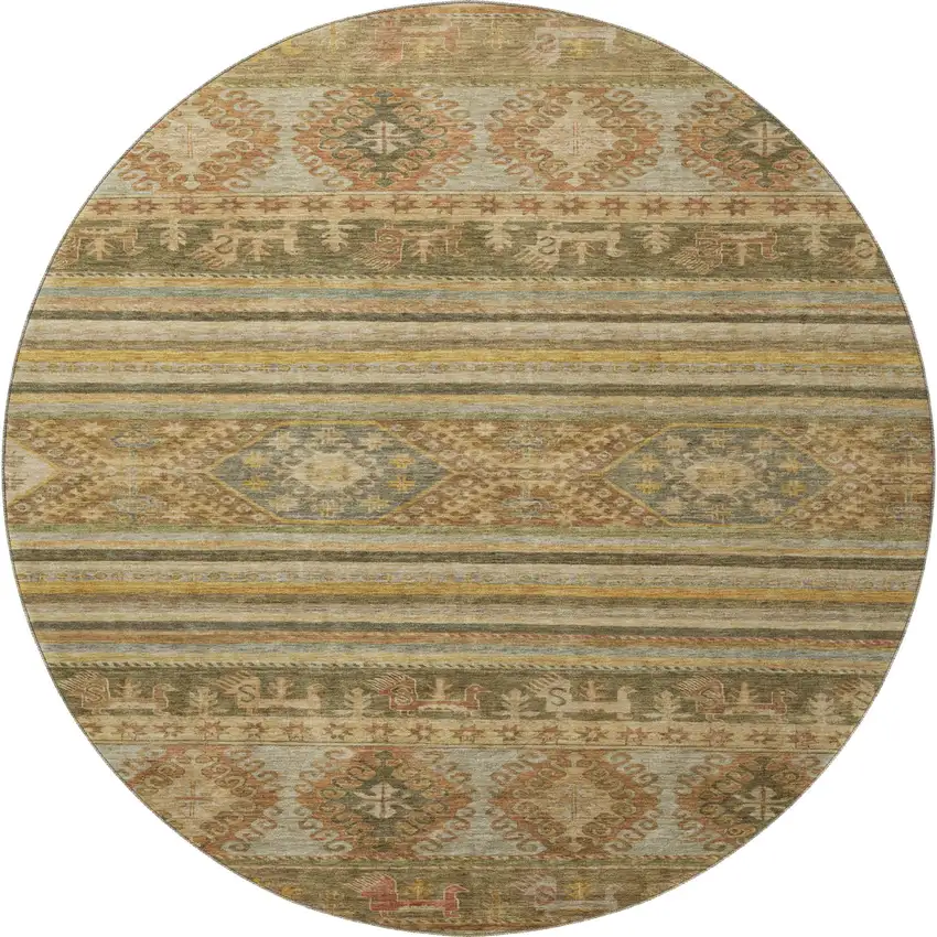 8' Beige Gold And Gray Medallion Washable Round Rug With UV Protection Photo 3