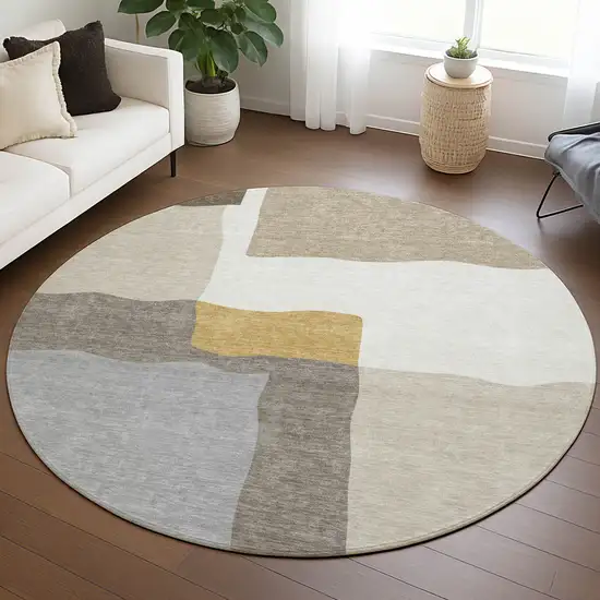 8' Beige Gold And Gray Round Abstract Washable Indoor Outdoor Area Rug Photo 5
