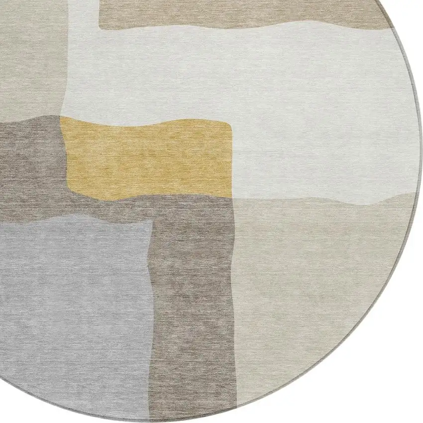 8' Beige Gold And Gray Round Abstract Washable Indoor Outdoor Area Rug Photo 2