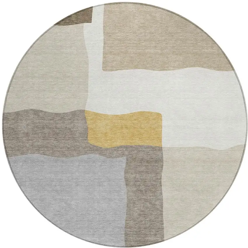 8' Beige Gold And Gray Round Abstract Washable Indoor Outdoor Area Rug Photo 3