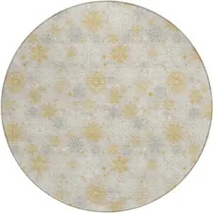 Photo of 8' Beige Gold And Gray Round Medallion Washable Indoor Outdoor Area Rug