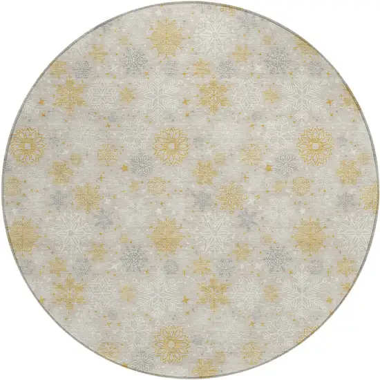 8' Beige Gold And Gray Round Medallion Washable Indoor Outdoor Area Rug Photo 1