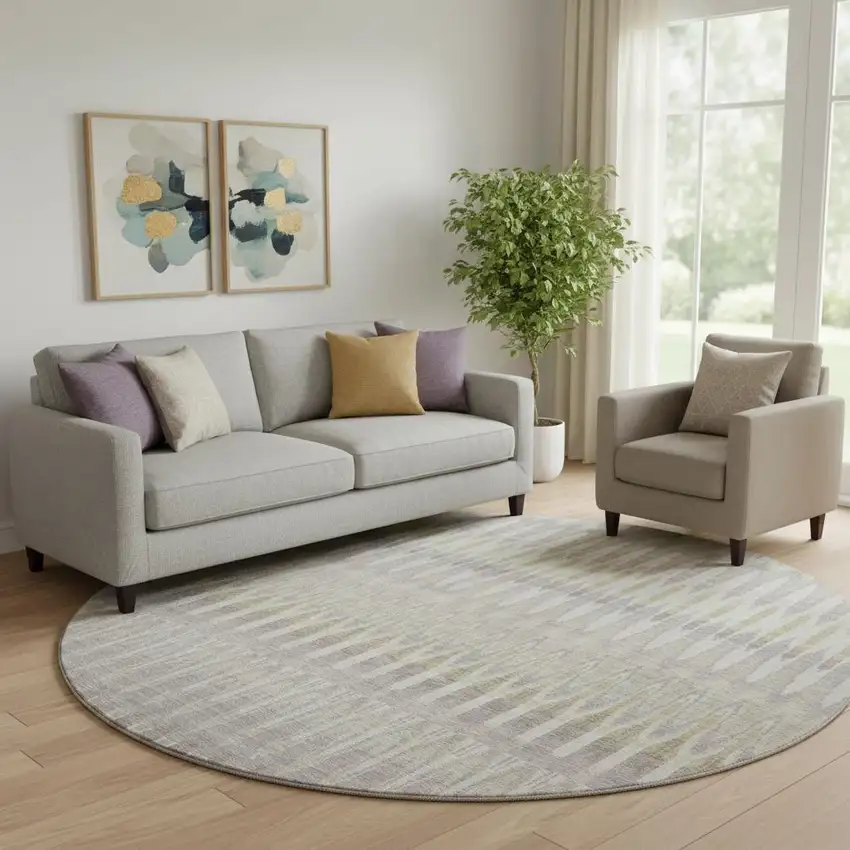 8' Beige Gold And Gray Southwestern Washable Round Rug With UV Protection Photo 1