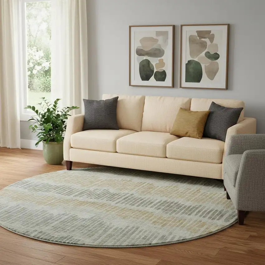 8' Beige Gold And Gray Striped Washable Round Rug With UV Protection Photo 1