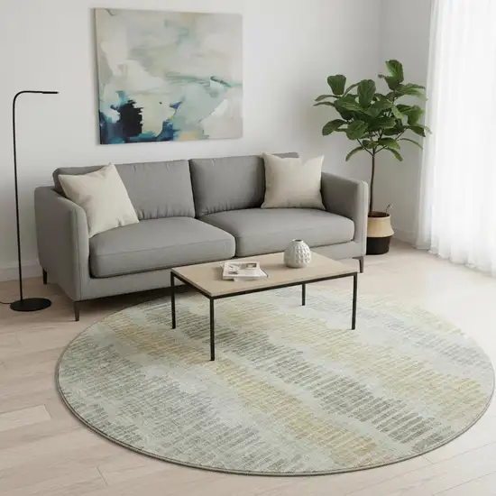 8' Beige Gold And Gray Striped Washable Round Rug With UV Protection Photo 2