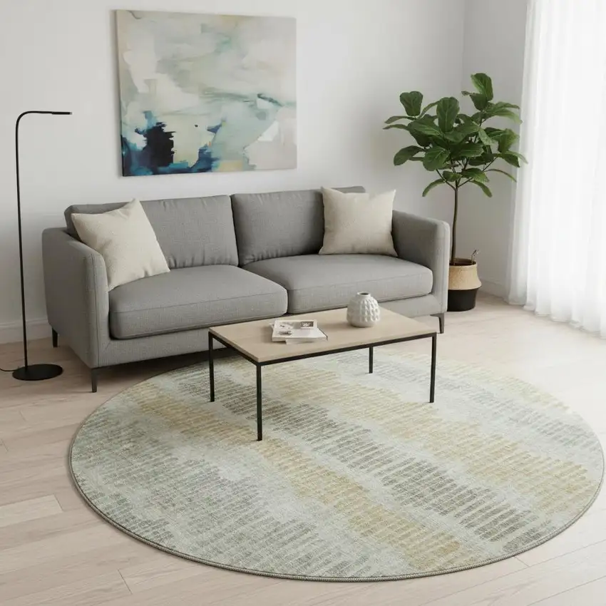 8' Beige Gold And Gray Striped Washable Round Rug With UV Protection Photo 2