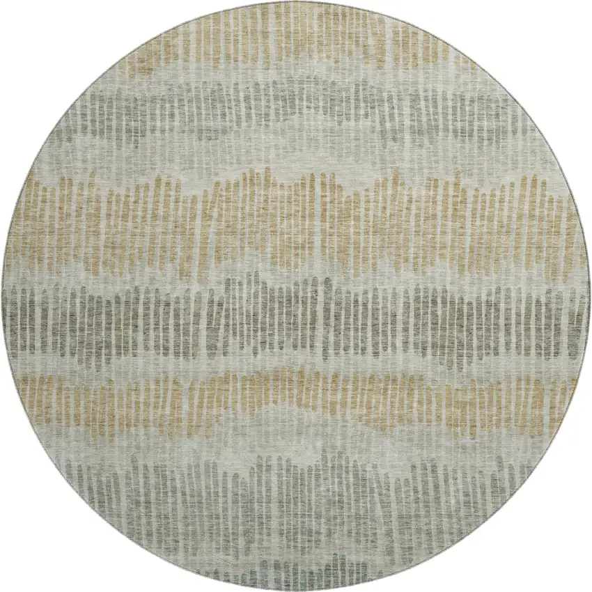 8' Beige Gold And Gray Striped Washable Round Rug With UV Protection Photo 1