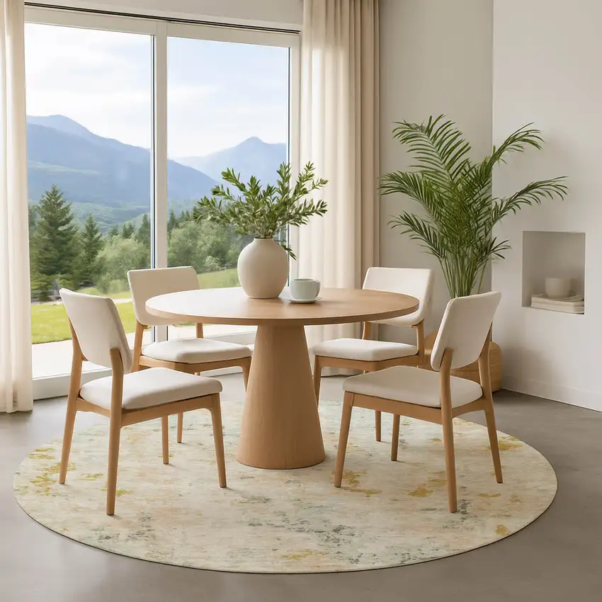 8' Beige Gold And Ivory Abstract Washable Round Rug With UV Protection Photo 4