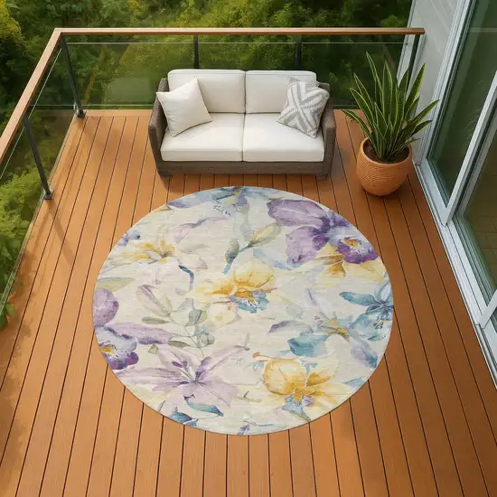 8' Beige Gold And Lavender Round Floral Washable Indoor Outdoor Area Rug Photo 8