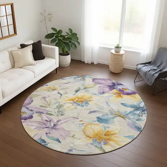 8' Beige Gold And Lavender Round Floral Washable Indoor Outdoor Area Rug Photo 9