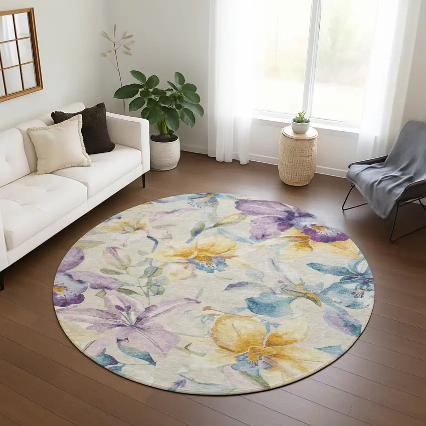 8' Beige Gold And Lavender Round Floral Washable Indoor Outdoor Area Rug Photo 9