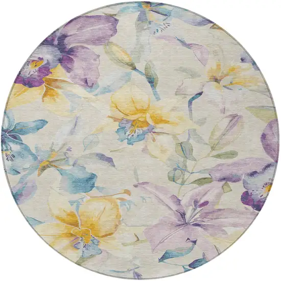 8' Beige Gold And Lavender Round Floral Washable Indoor Outdoor Area Rug Photo 4
