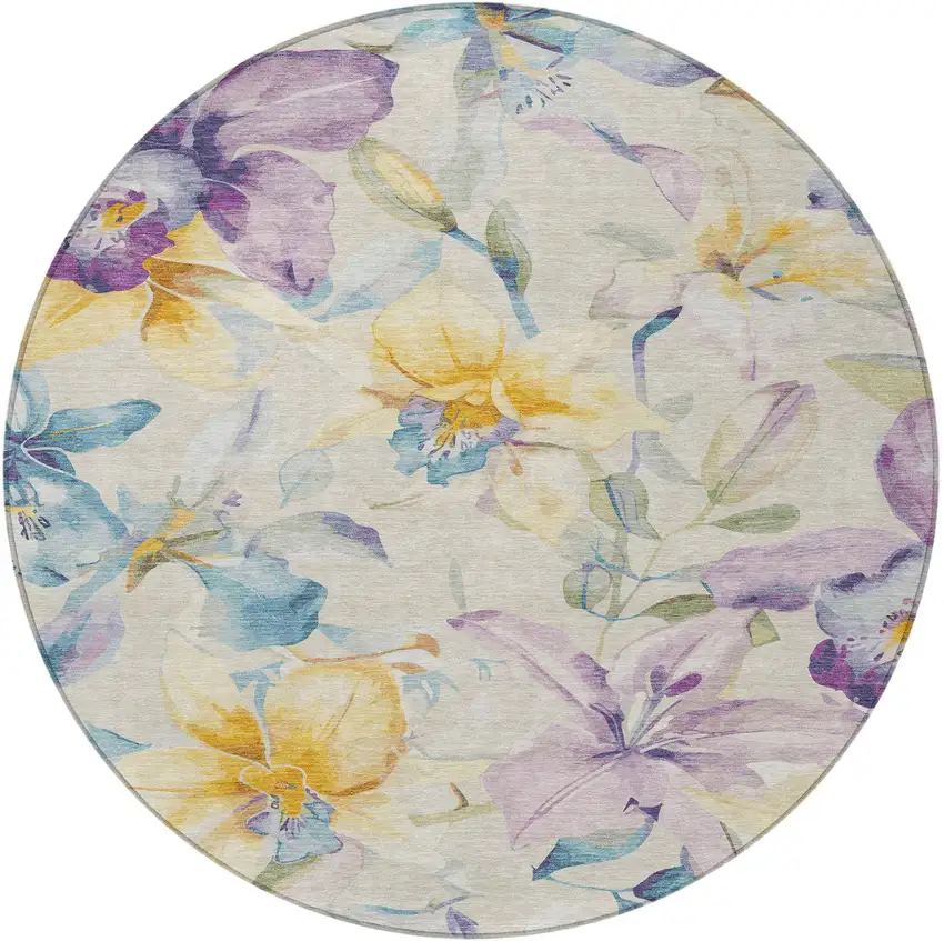 8' Beige Gold And Lavender Round Floral Washable Indoor Outdoor Area Rug Photo 4