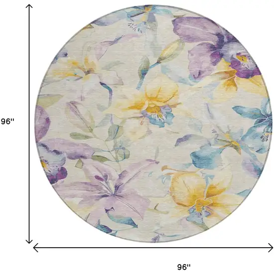 8' Beige Gold And Lavender Round Floral Washable Indoor Outdoor Area Rug Photo 3