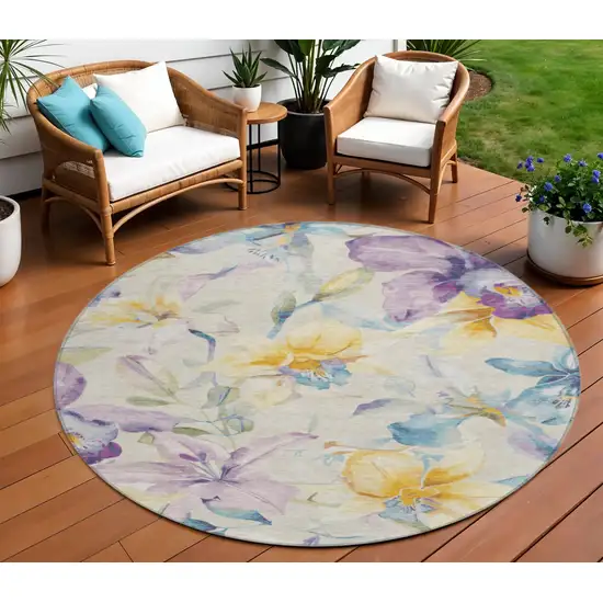 8' Beige Gold And Lavender Round Floral Washable Indoor Outdoor Area Rug Photo 1