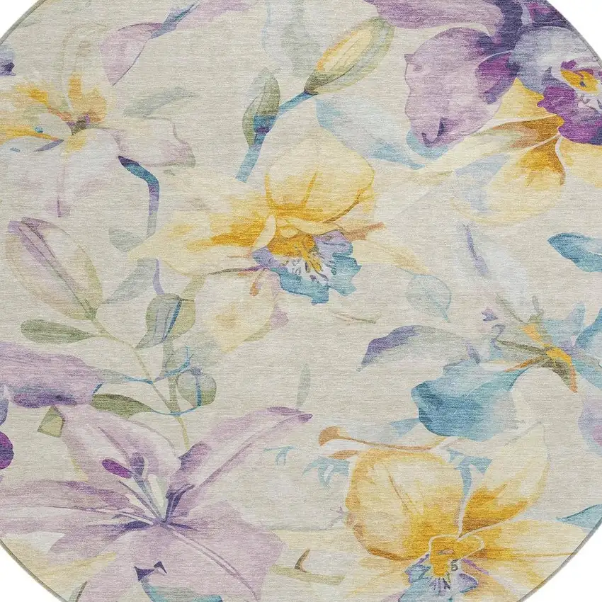 8' Beige Gold And Lavender Round Floral Washable Indoor Outdoor Area Rug Photo 7