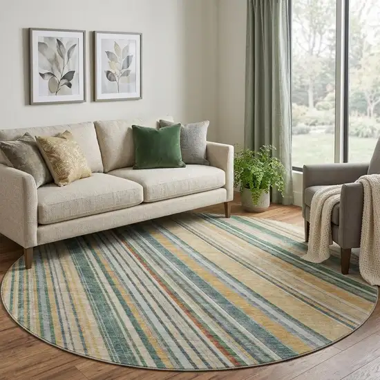 8' Beige Gold And Sage Striped Washable Round Rug With UV Protection Photo 1