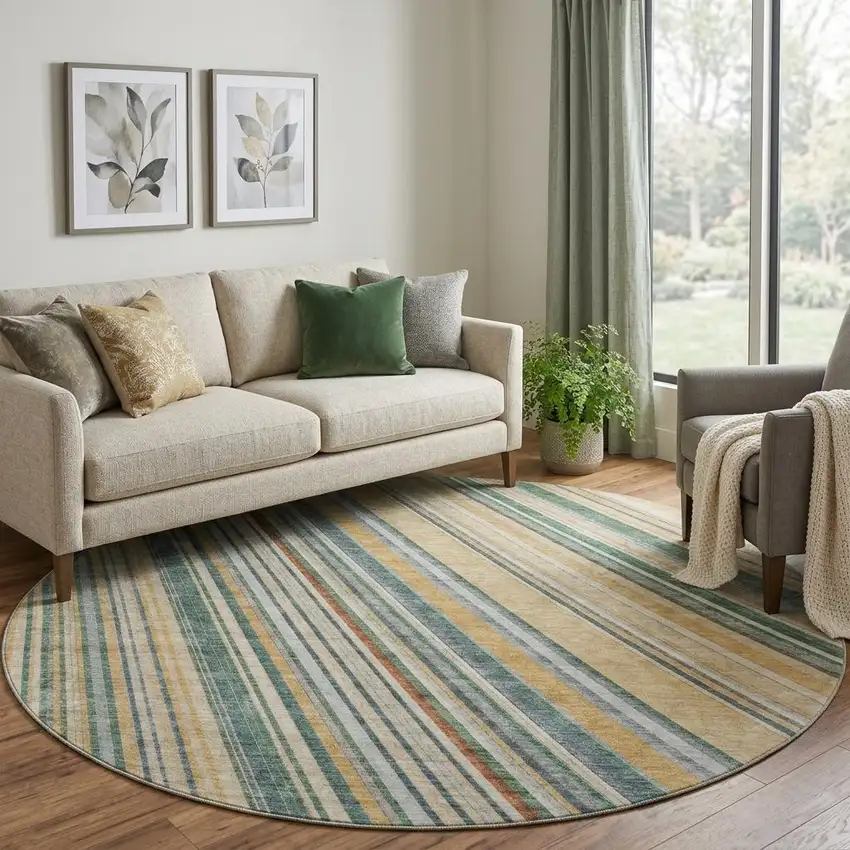 8' Beige Gold And Sage Striped Washable Round Rug With UV Protection Photo 1
