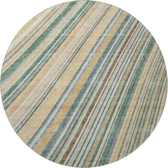 8' Beige Gold And Sage Striped Washable Round Rug With UV Protection Photo 3