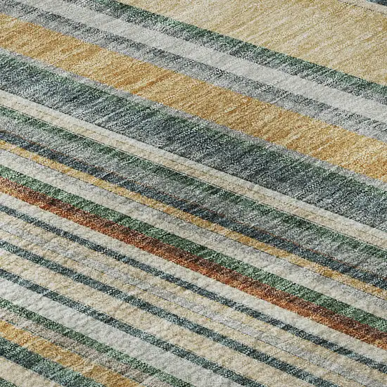 8' Beige Gold And Sage Striped Washable Round Rug With UV Protection Photo 8