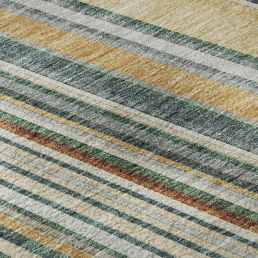 8' Beige Gold And Sage Striped Washable Round Rug With UV Protection Photo 8