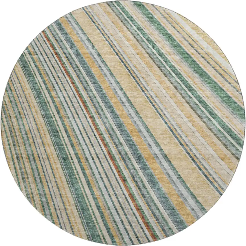 8' Beige Gold And Sage Striped Washable Round Rug With UV Protection Photo 1