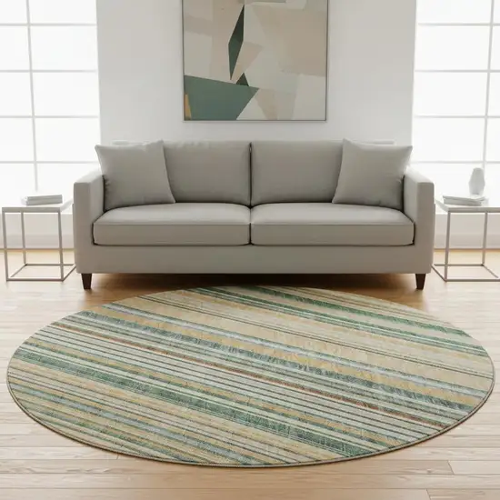 8' Beige Gold And Sage Striped Washable Round Rug With UV Protection Photo 2