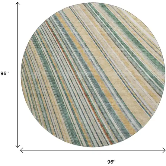 8' Beige Gold And Sage Striped Washable Round Rug With UV Protection Photo 9