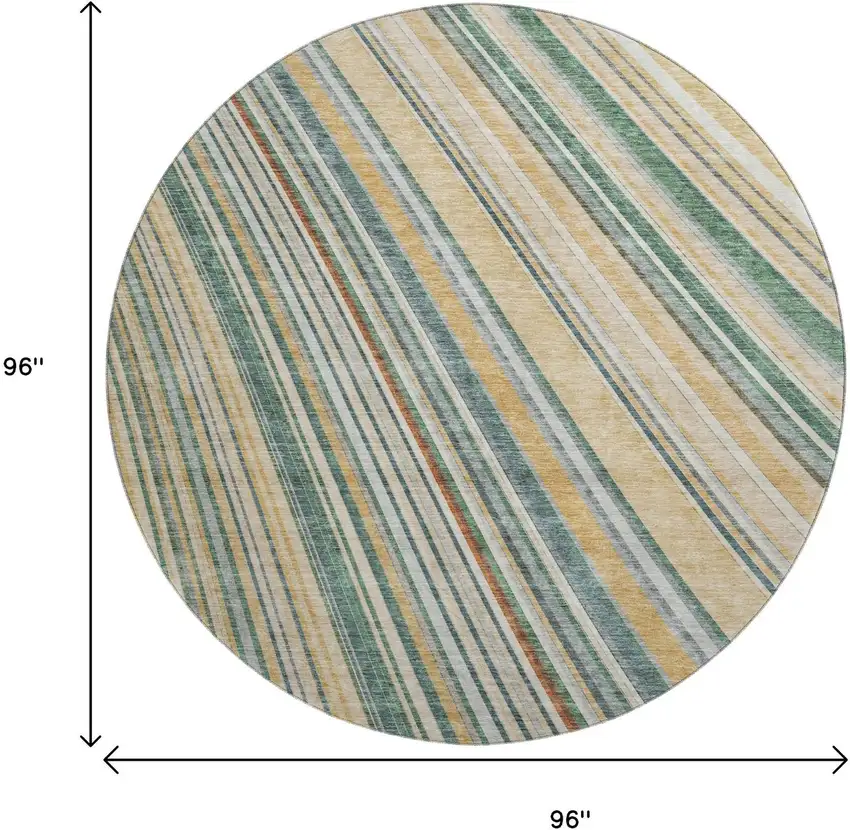 8' Beige Gold And Sage Striped Washable Round Rug With UV Protection Photo 9