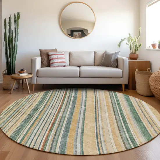 8' Beige Gold And Sage Striped Washable Round Rug With UV Protection Photo 4