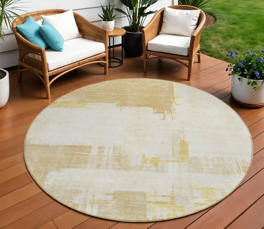 8' Beige Gold And Tan Round Abstract Washable Indoor Outdoor Area Rug Photo 1