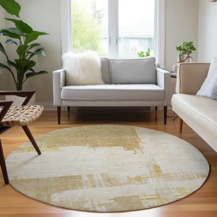 8' Beige Gold And Tan Round Abstract Washable Indoor Outdoor Area Rug Photo 6