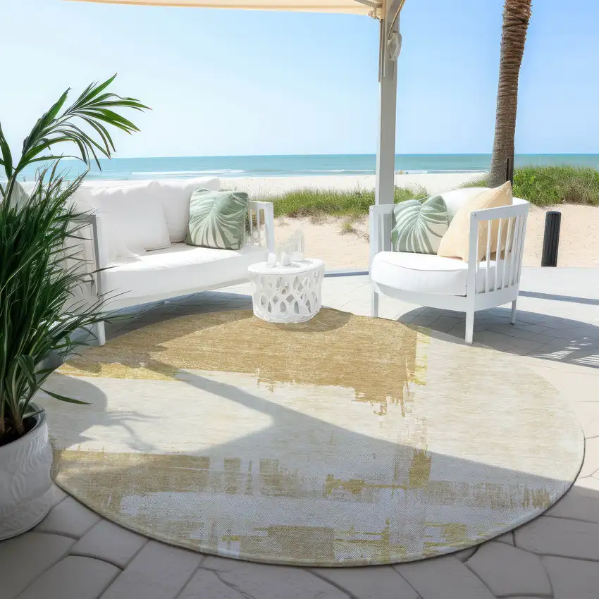 8' Beige Gold And Tan Round Abstract Washable Indoor Outdoor Area Rug Photo 5