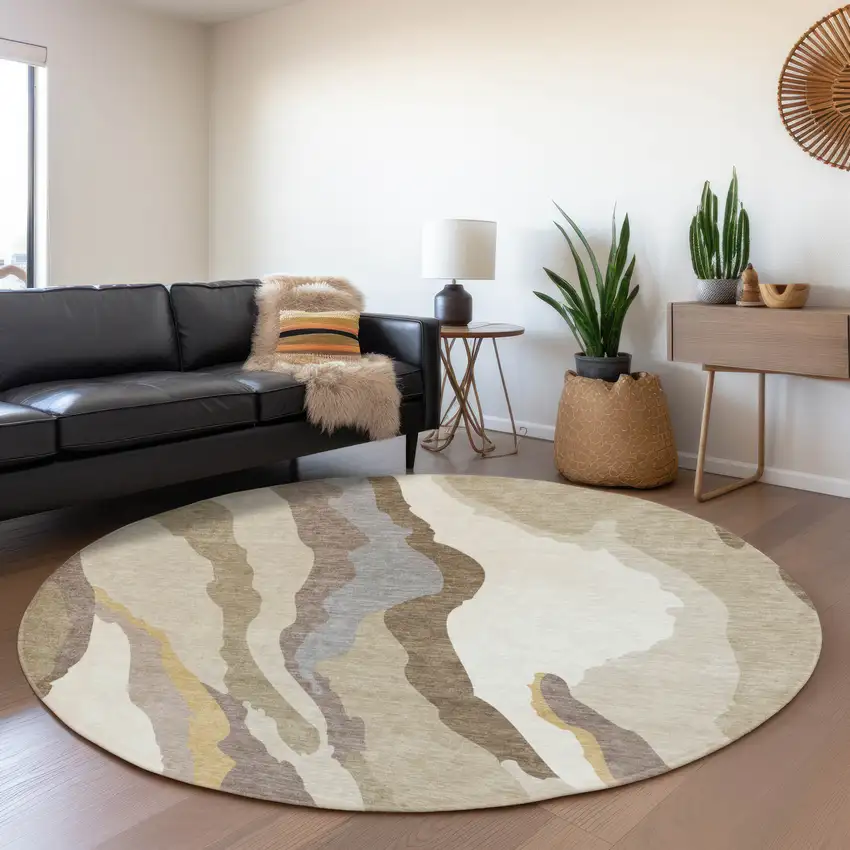 8' Beige Gold And Taupe Abstract Washable Round Rug With UV Protection Photo 4