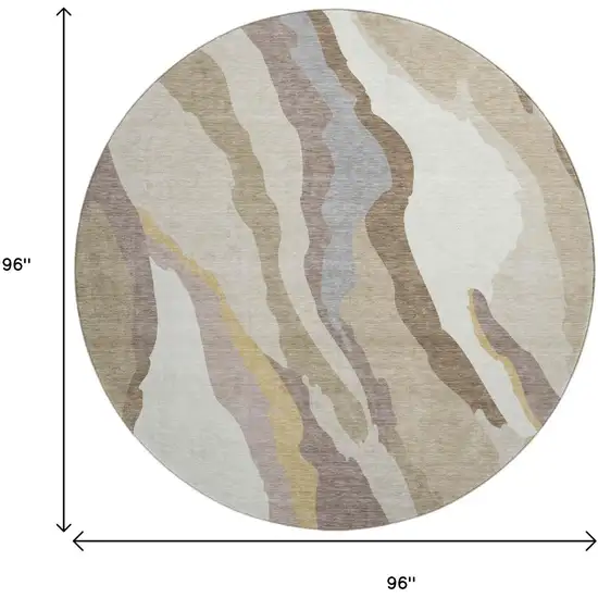 8' Beige Gold And Taupe Abstract Washable Round Rug With UV Protection Photo 9