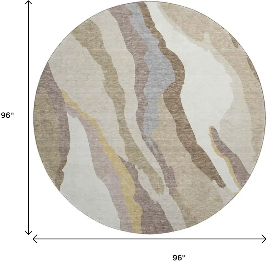 8' Beige Gold And Taupe Abstract Washable Round Rug With UV Protection Photo 9