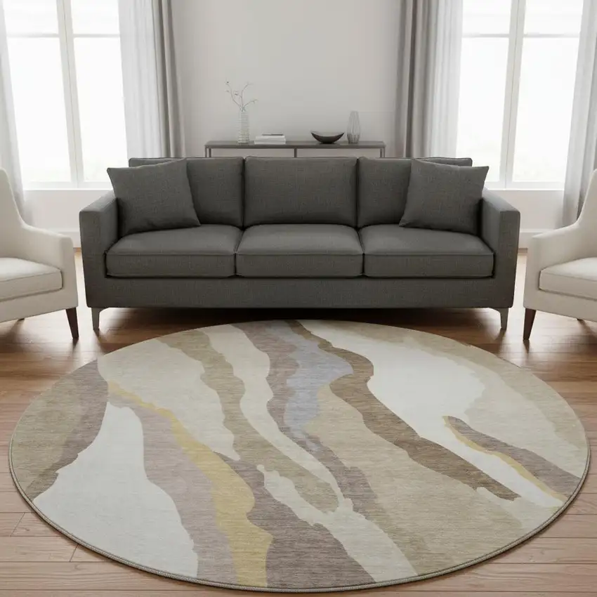 8' Beige Gold And Taupe Abstract Washable Round Rug With UV Protection Photo 2