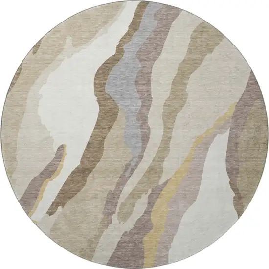 8' Beige Gold And Taupe Abstract Washable Round Rug With UV Protection Photo 3