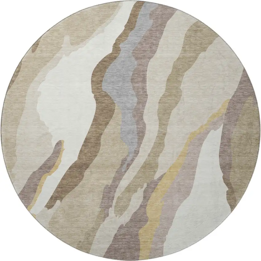 8' Beige Gold And Taupe Abstract Washable Round Rug With UV Protection Photo 3