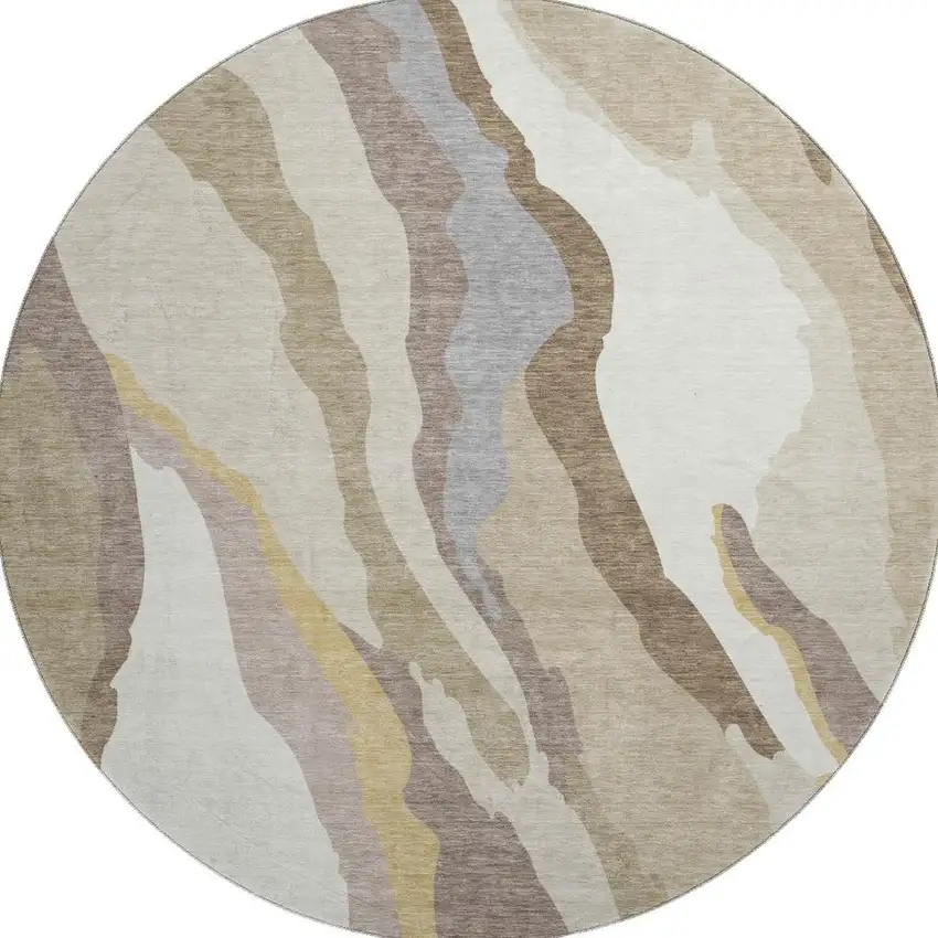 8' Beige Gold And Taupe Abstract Washable Round Rug With UV Protection Photo 2