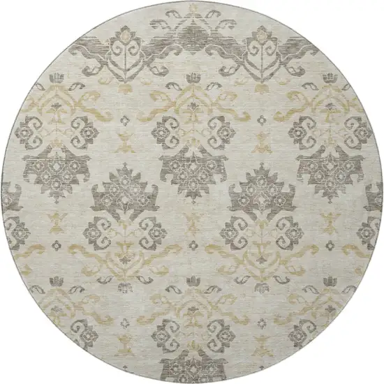 8' Beige Gold And Taupe Medallion Washable Round Rug With UV Protection Photo 4