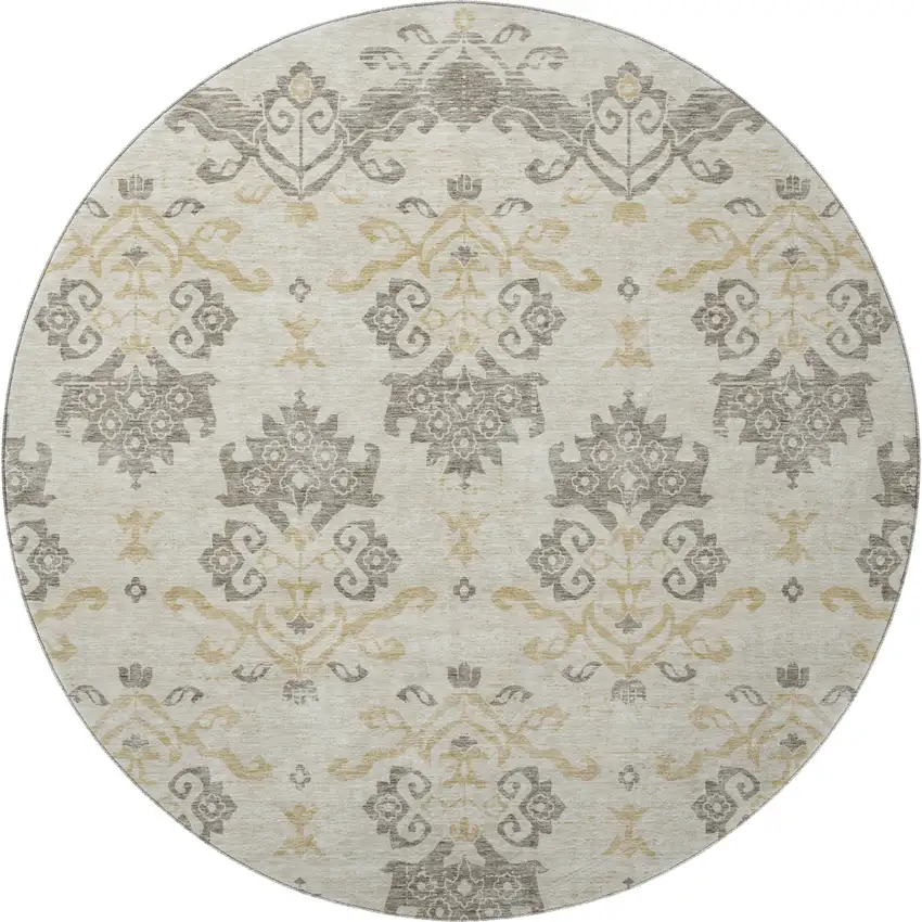 8' Beige Gold And Taupe Medallion Washable Round Rug With UV Protection Photo 4
