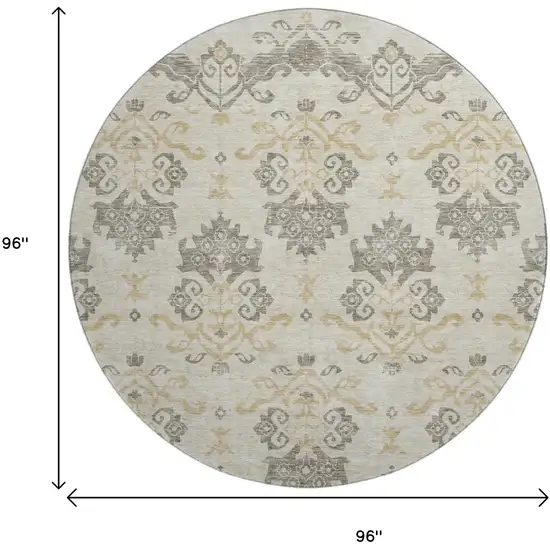 8' Beige Gold And Taupe Medallion Washable Round Rug With UV Protection Photo 3