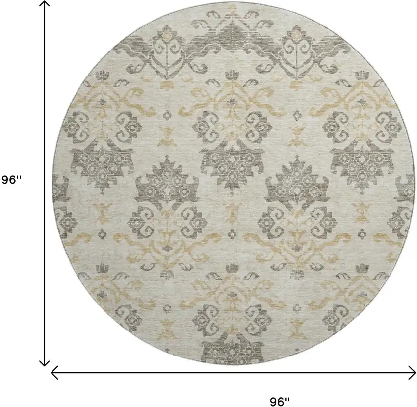 8' Beige Gold And Taupe Medallion Washable Round Rug With UV Protection Photo 3