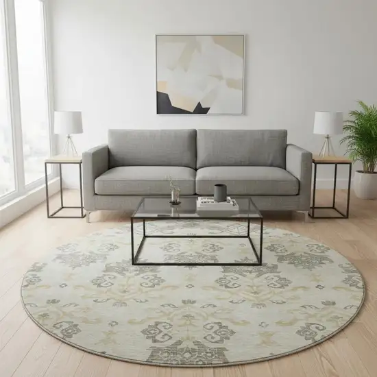 8' Beige Gold And Taupe Medallion Washable Round Rug With UV Protection Photo 2