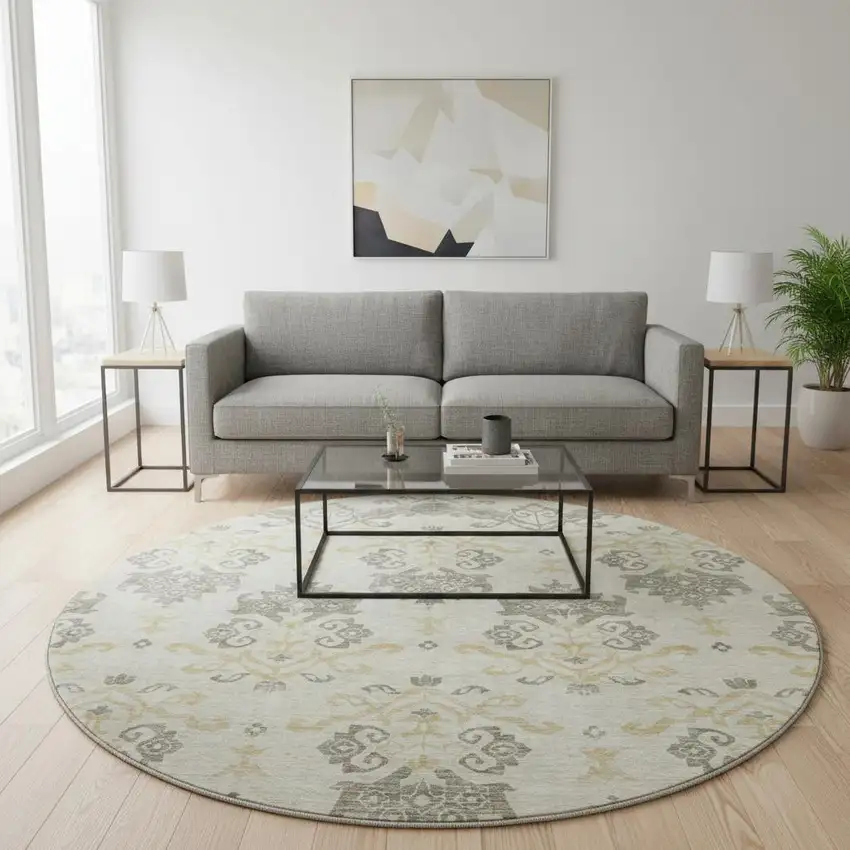 8' Beige Gold And Taupe Medallion Washable Round Rug With UV Protection Photo 2